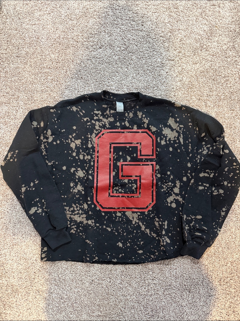 Black Bleached Crewneck Sweater with Red 'G' Graphic for UGA